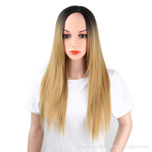 Vigorous Straight Ombre Black to Blonde Wig Middle Part Synthetic Hair Wigs for Women Heat Resistant Fiber Real Natural